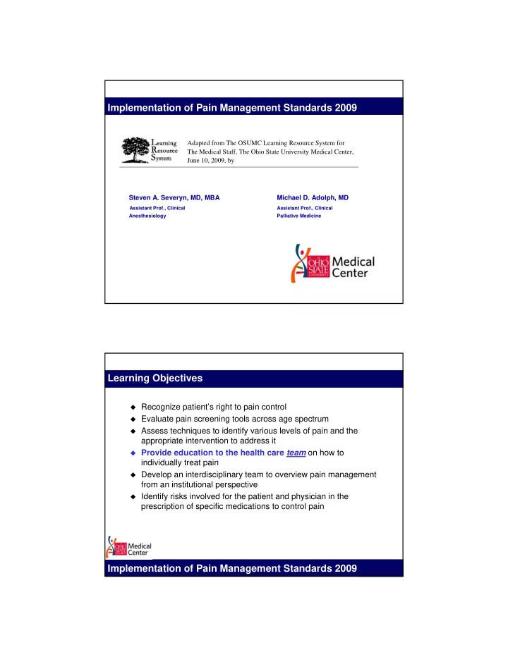 implementation of pain management standards 2009