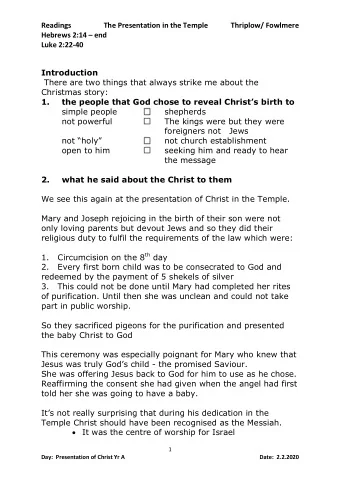 Readings                  The Presentation in the Temple  Thriplow/ Fowlmere Hebrews 2:14  end