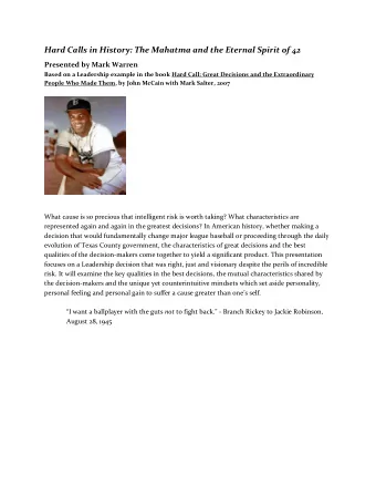 Hard Calls in History: The Mahatma and the Eternal Spirit of 42  Presented by Mark Warren  Based on