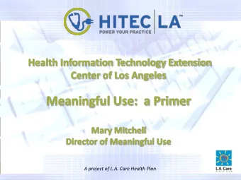 Meaningful Use:  a Primer  Mary Mitchell  Director of Meaningful Use  A project of L.A. Care Health