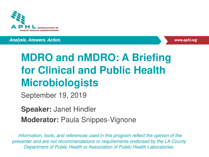 mdro and nmdro a briefing for clinical and public health
