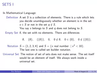 SETS I  In Mathematical Language: Definition A set S is a collection of elements. There is a rule