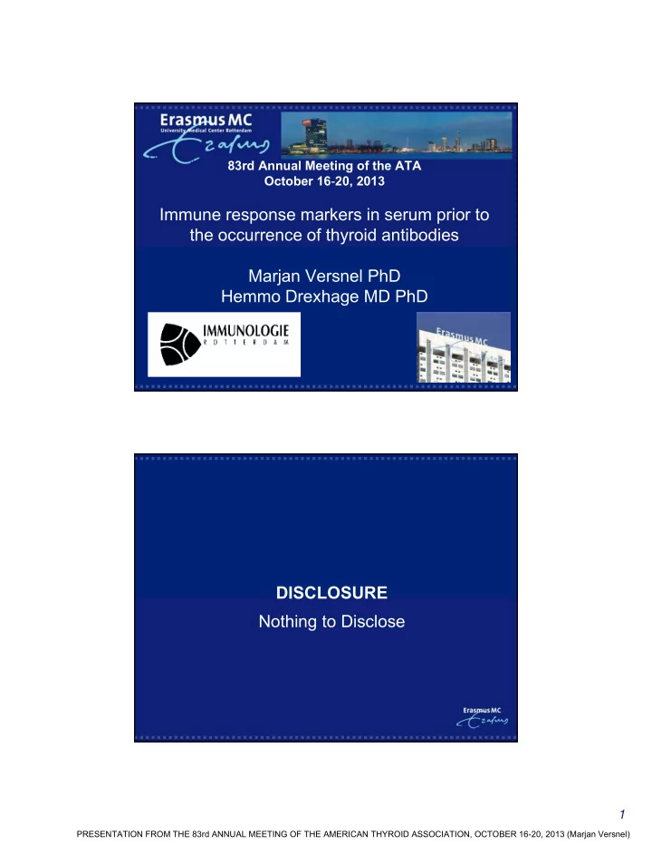 immune response markers in serum prior to the occurrence