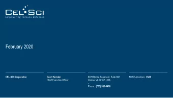 February 20 20  CEL-SCI Corporation  Geert Kersten  8229 Boone Boulevard, Suite 802 NYSE American: