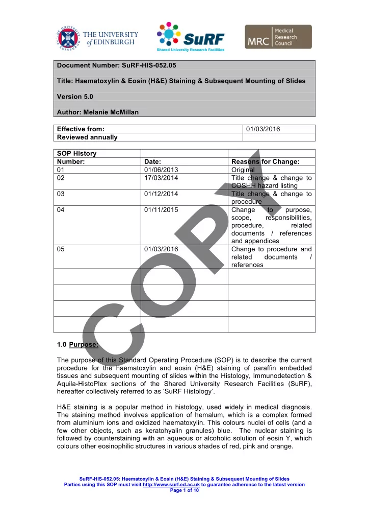 document number surf his 052 05 title haematoxylin eosin