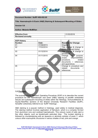 Document Number: SuRF-HIS-052.05  Title: Haematoxylin &amp; Eosin (H&amp;E) Staining &amp;