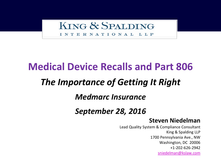 medical device recalls and part 806