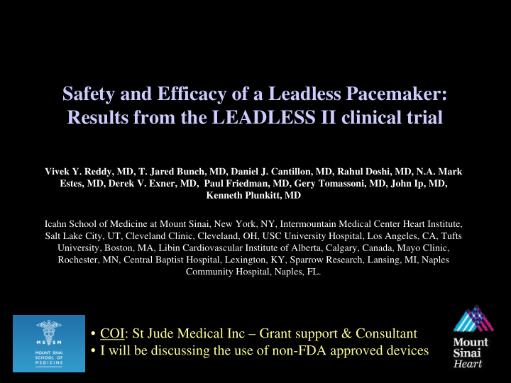 safety and efficacy of a leadless pacemaker results from