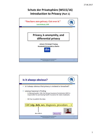 K  Anonymity Dagstuhl Workshop Federated Semantic  8 Data Management, June 2017  4  27.06.2017