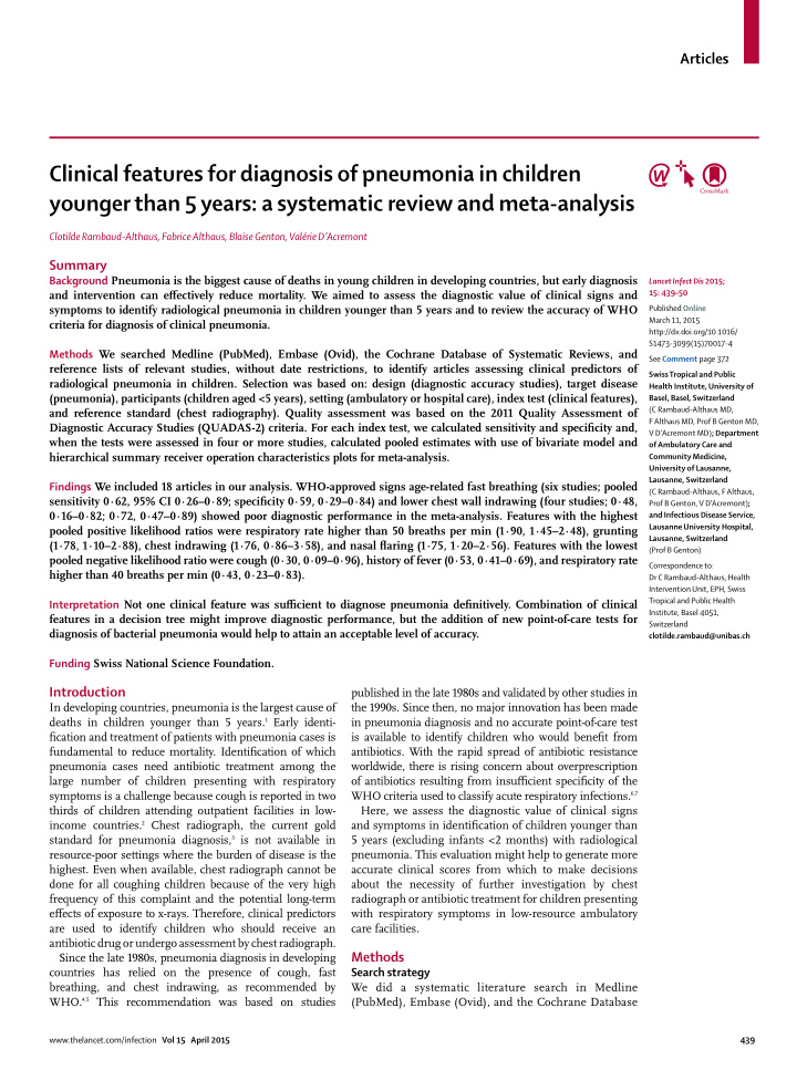 clinical features for diagnosis of pneumonia in children