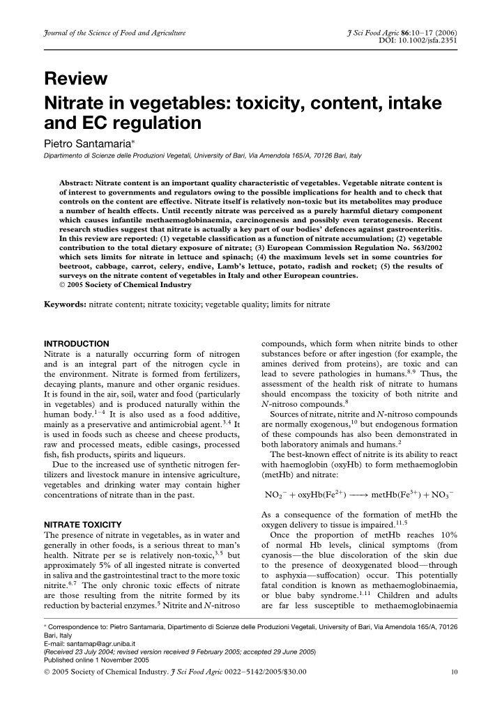 review nitrate in vegetables toxicity content intake and