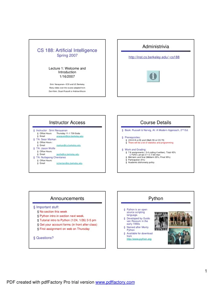 administrivia cs 188 artificial intelligence