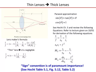 Thin Lenses  Thick Lenses  Paraxial approximation  ( )  ( )            sin  tan  ( )