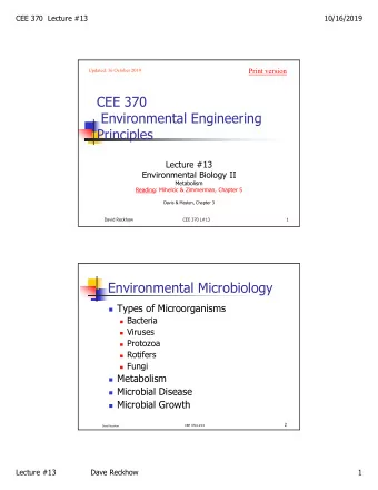CEE 370  Environmental Engineering  Principles  Lecture #13  Environmental Biology II  Metabolism