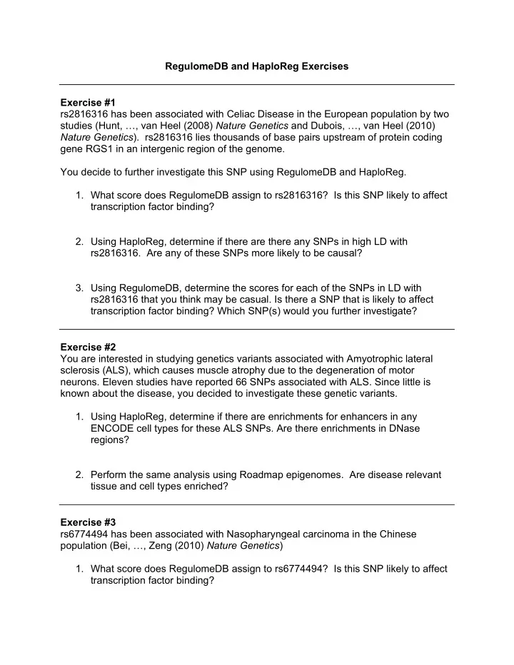 regulomedb and haploreg exercises exercise 1 rs2816316