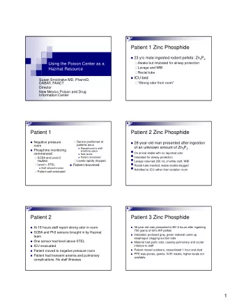 Patient 1 Zinc Phosphide  23 y/o male ingested rodent pellets: Zn 3 P 2  Awake but intubated