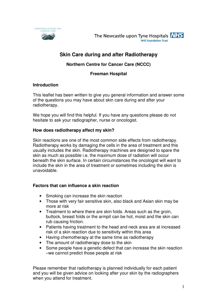 skin care during and after radiotherapy
