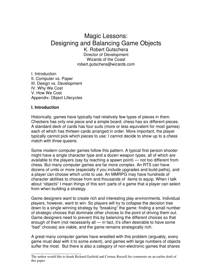 magic lessons designing and balancing game objects
