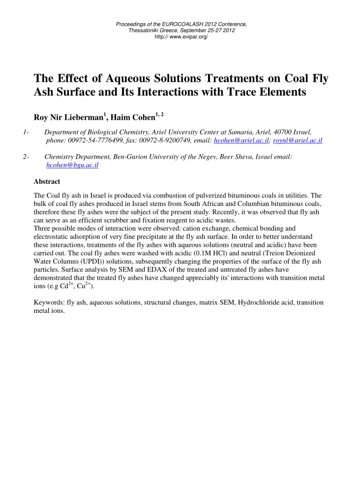 the effect of aqueous solutions treatments on coal fly