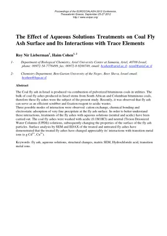 The Effect of Aqueous Solutions Treatments on Coal Fly  Ash Surface and Its Interactions with Trace
