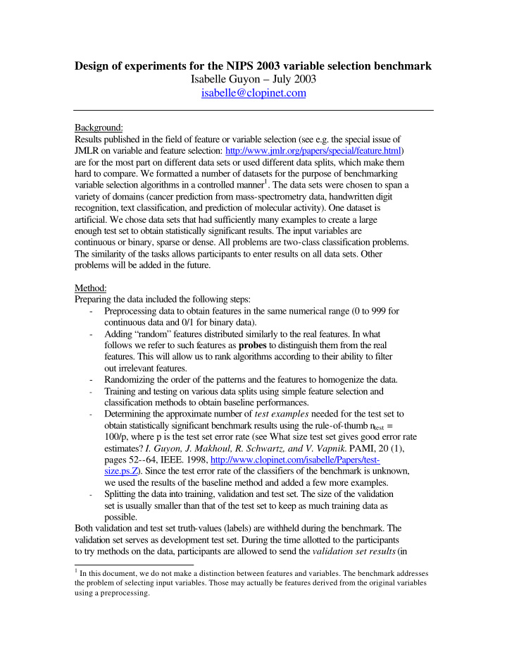 design of experiments for the nips 2003 variable