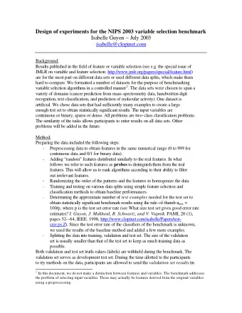 Design of experiments for the NIPS 2003 variable selection benchmark  Isabelle Guyon  July 2003