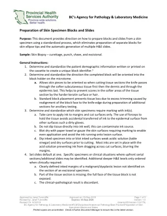 BCs Agency for Pathology &amp; Laboratory Medicine  Preparation of Skin Specimen Blocks and