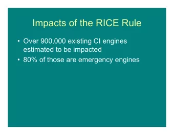 Impacts of the RICE Rule   Over 900,000 existing CI engines  estimated to be impacted   80%
