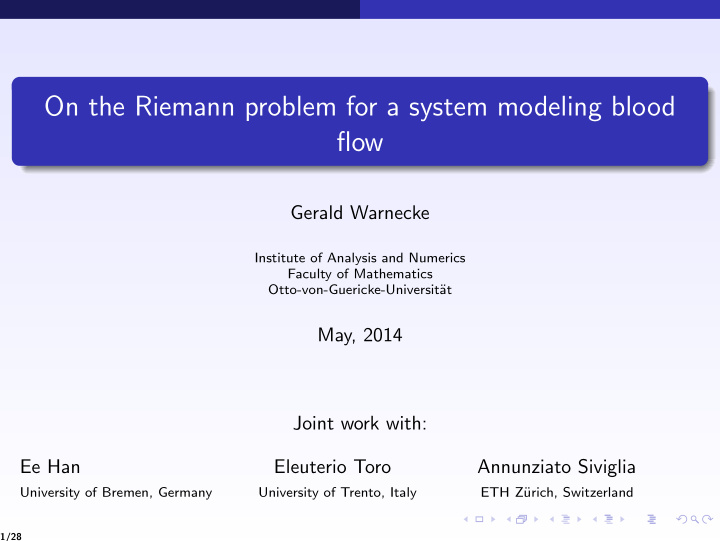 on the riemann problem for a system modeling blood flow
