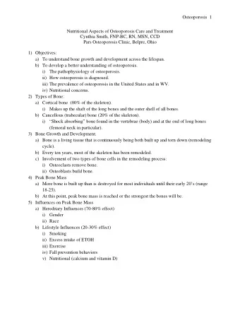 Osteoporosis  1  Nutritional Aspects of Osteoporosis Care and Treatment  Cynthia Smith, FNP-BC, RN,