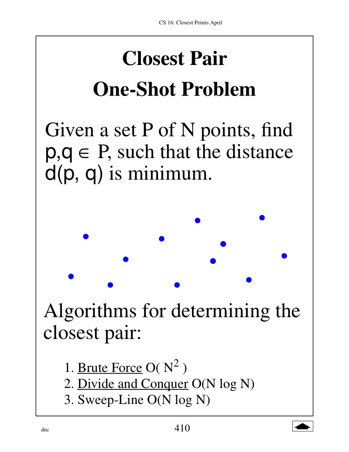 closest pair one shot problem given a set p of n points