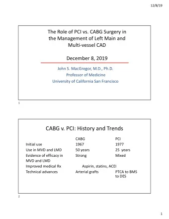 CABG v. PCI: History and Trends  CABG  PCI  Initial use  1967  1977  Use in MVD and LMD  50 years