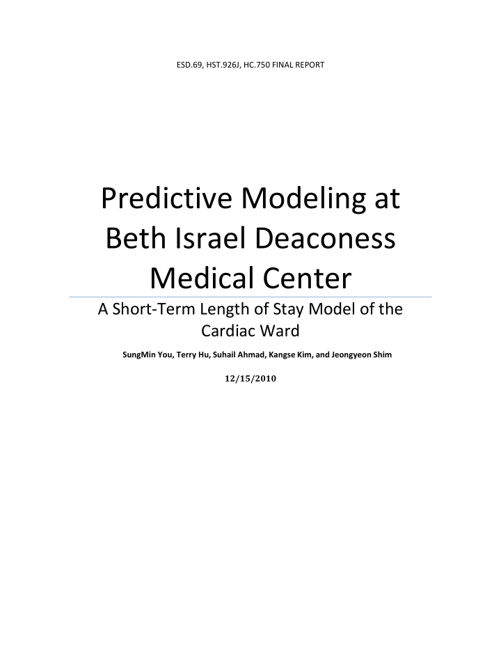 predictive modeling at beth israel deaconess medical