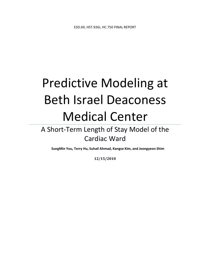 predictive modeling at beth israel deaconess medical