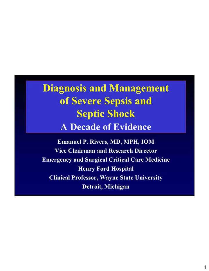 diagnosis and management of severe sepsis and septic shock