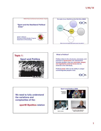 Topic 1:  Sport and Politics   Politics refers to the structures, processes, and  practices