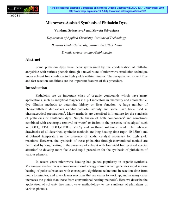 microwave assisted synthesis of phthalein dyes