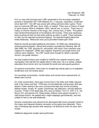 John Engstrom, MD  February 14, 2020  A 61 yo man with low back pain (LBP) presented to the