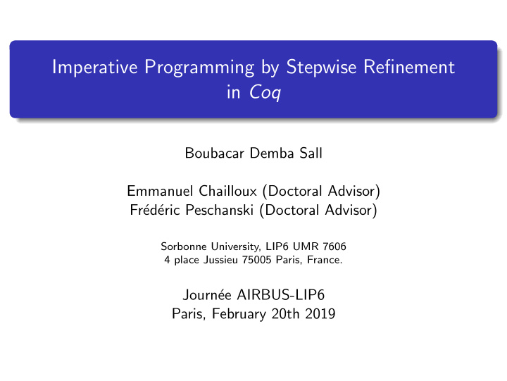 imperative programming by stepwise refinement in coq