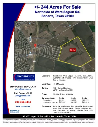 +/ - 244 Acres For Sale Northside of Ware Seguin Rd. Schertz, Texas 78109 SITE Location:  Located