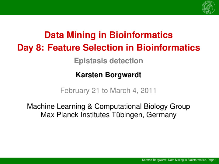 data mining in bioinformatics day 8 feature selection in