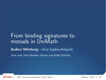 From binding signatures to  monads in UniMath  Anders M ortberg  Inria Sophia-Antipolis  Joint