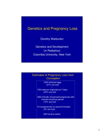 Genetics and Pregnancy Loss  Dorothy Warburton  Genetics and Development  (in Pediatrics)  Columbia