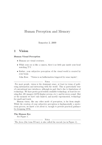 Human Perception and Memory  Semester 2, 2009  1  Vision  Human Visual Perception  Humans are