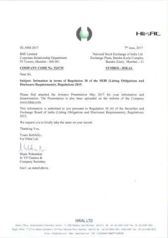 Hikal Limited  Investor Presentation  June 2017  Safe Harbor This presentation and the accompanying