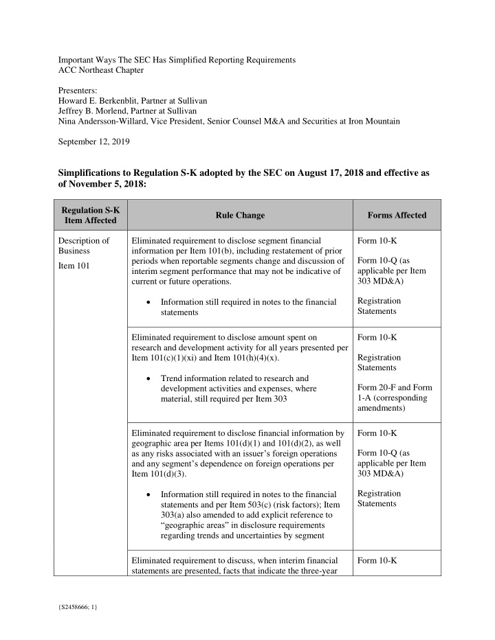 simplifications to regulation s k adopted by the sec on