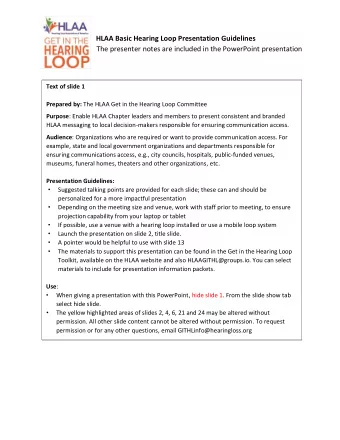 HLAA Basic Hearing Loop Presentation Guidelines  The presenter notes are included in the PowerPoint