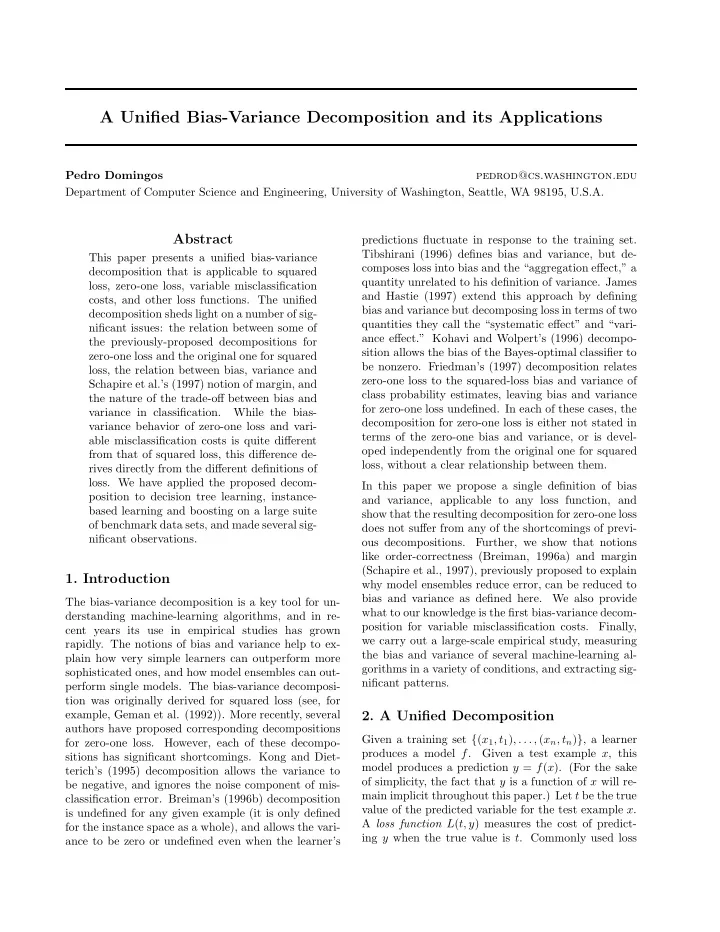 a unified bias variance decomposition and its applications