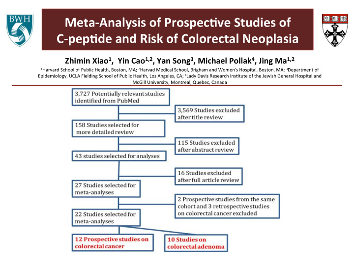 meta analysis of prospec3ve studies of c pep3de and risk