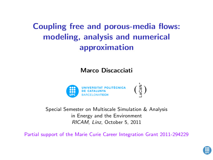 coupling free and porous media flows modeling analysis